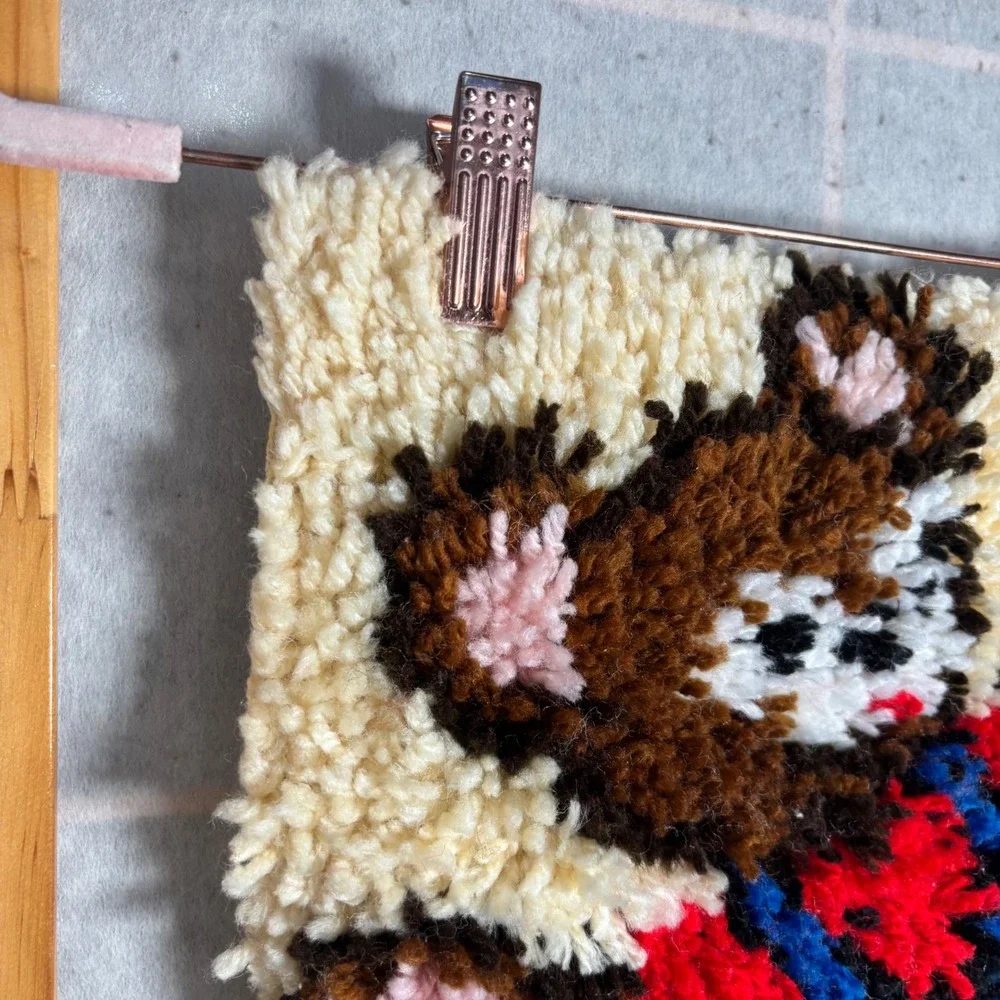 Vintage Teddy‎ Bear Latch Hook Wall Art Handmade Cream Blue Red Overalls Pillow